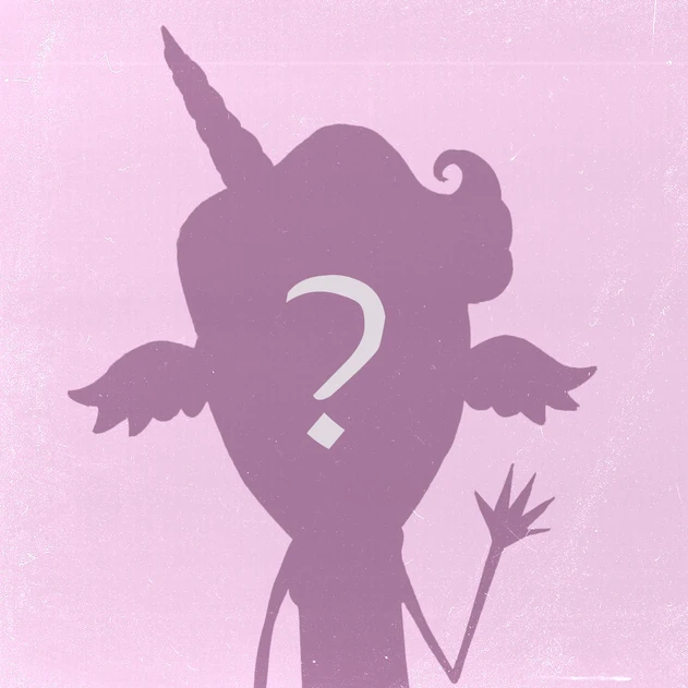 The Dorkis placeholder art: a purple silhouette of a Dorki with a horn, wings and a raised hand, a question mark where its face should be, on a pink background