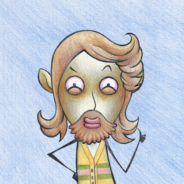 Frank van Dork, token 1: a hand drawn Dorki in pencil and coloured pencil on paper, blond hair, a beard, a striped cardigan, on a blue background